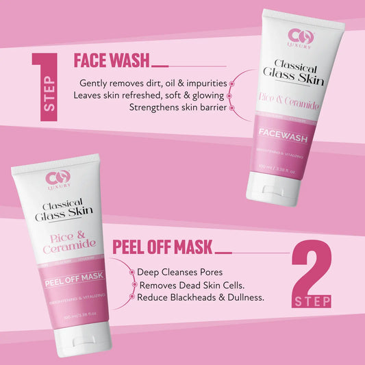 CO LUXURY Classical Glass Skin Rice & Ceramide 7-Step Kit | Complete Korean Skincare Routine for Women | Face Wash, Toner, Serum, Peel-Off Mask, Eye Cream, Moisturizer & Sunscreen