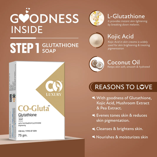 CO Luxury Gluta Kit – 5 in 1 Skincare Combo with Glutathione (Facewash, Serum, Cream, Soap & Sunscreen)