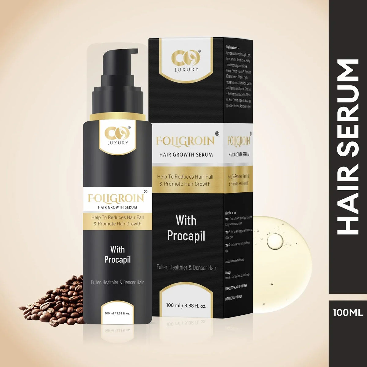 CO LUXURY Foligroin Hair Growth Serum with Procapil, AnaGain, Caffeine, Omega 3 & Rose Extracts - 100 ml