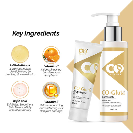 Co Luxury Glutathione Combo of Facewash & Cream | Glutathione & Kojic Acid | Skin Brightening