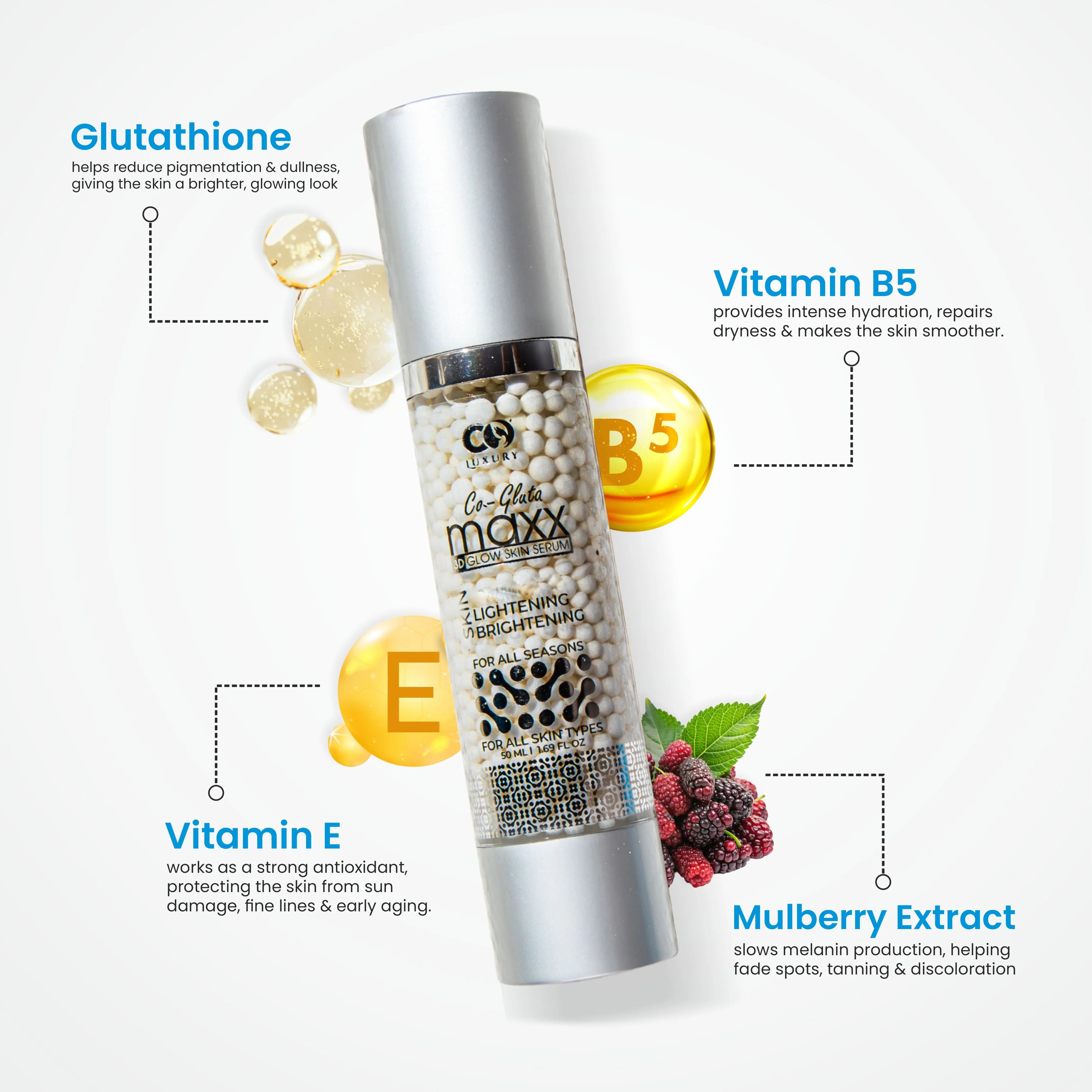 Co Luxury Glutathione 3D Glow Skin Serum | Reduces Acne, Dark Spots, Pigmentation | Brightens & Smooths Skin (50 ml) Co Luxury Glutathione 3D Glow Skin Serum | Reduces Acne, Dark Spots, Pigmentation | Brightens & Smooths Skin (50 ml)