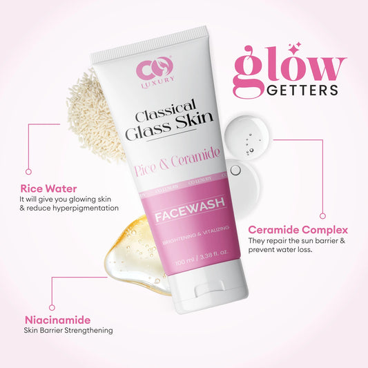 CO Luxury Classical Glass Skin Facewash – Rice & Ceramide | Brightening & Hydrating (100ml, Pack of 2)