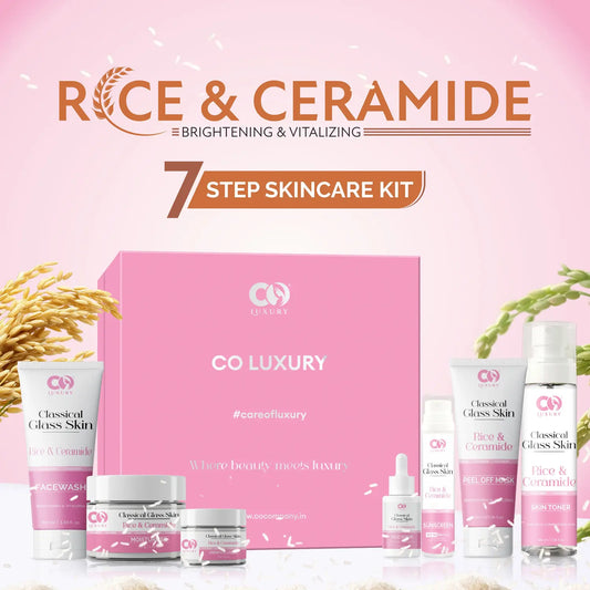 CO LUXURY Classical Glass Skin Rice & Ceramide 7-Step Kit | Complete Korean Skincare Routine for Women | Face Wash, Toner, Serum, Peel-Off Mask, Eye Cream, Moisturizer & Sunscreen