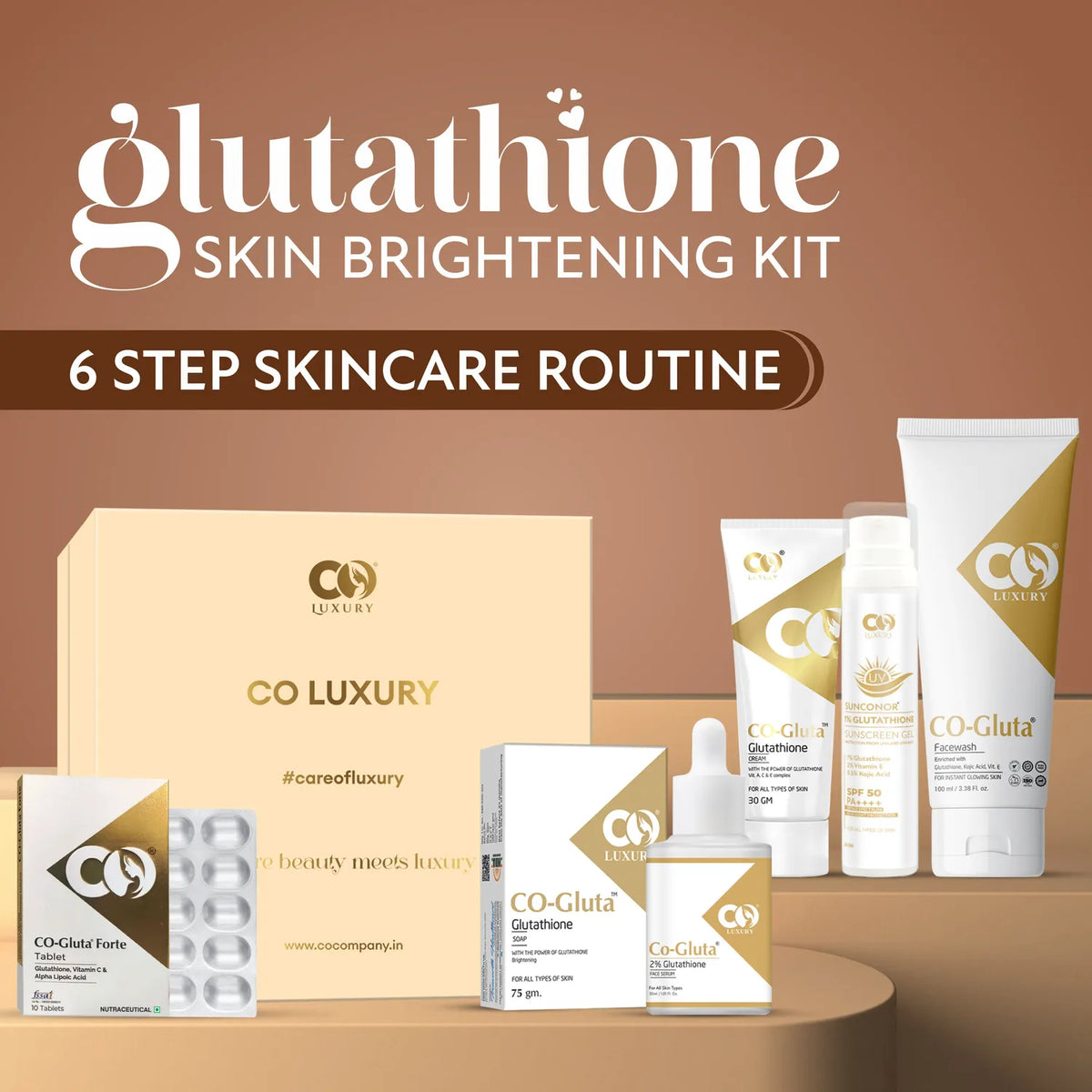 CO Luxury Glutathione 6-in-1 Skin Brightening Kit | Facewash, Serum, Sunscreen, Tablets, Soap & Cream